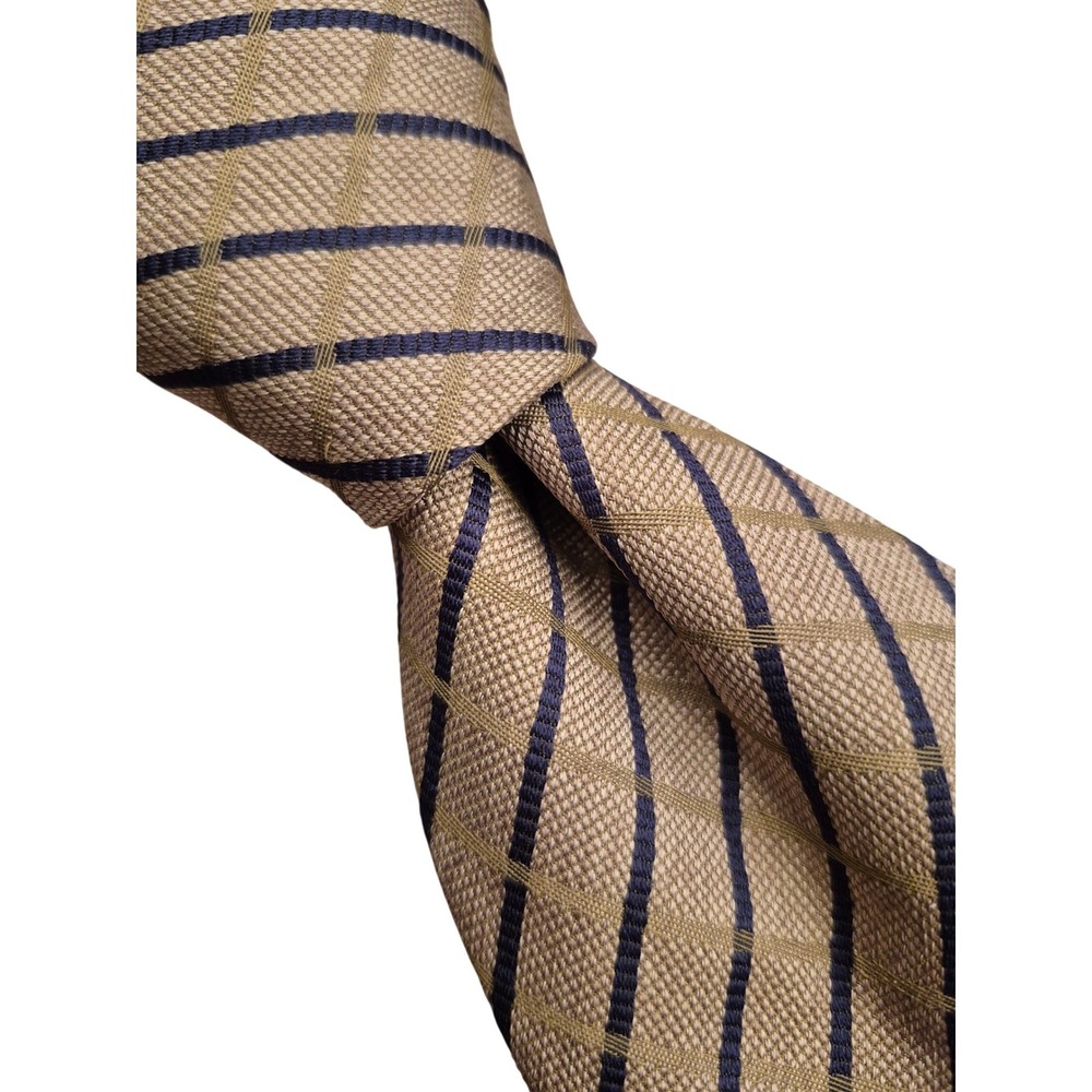 Canali‎ Mens Silk Tie Tan Navy Beige Striped Grid Made in Italy Luxury Necktie